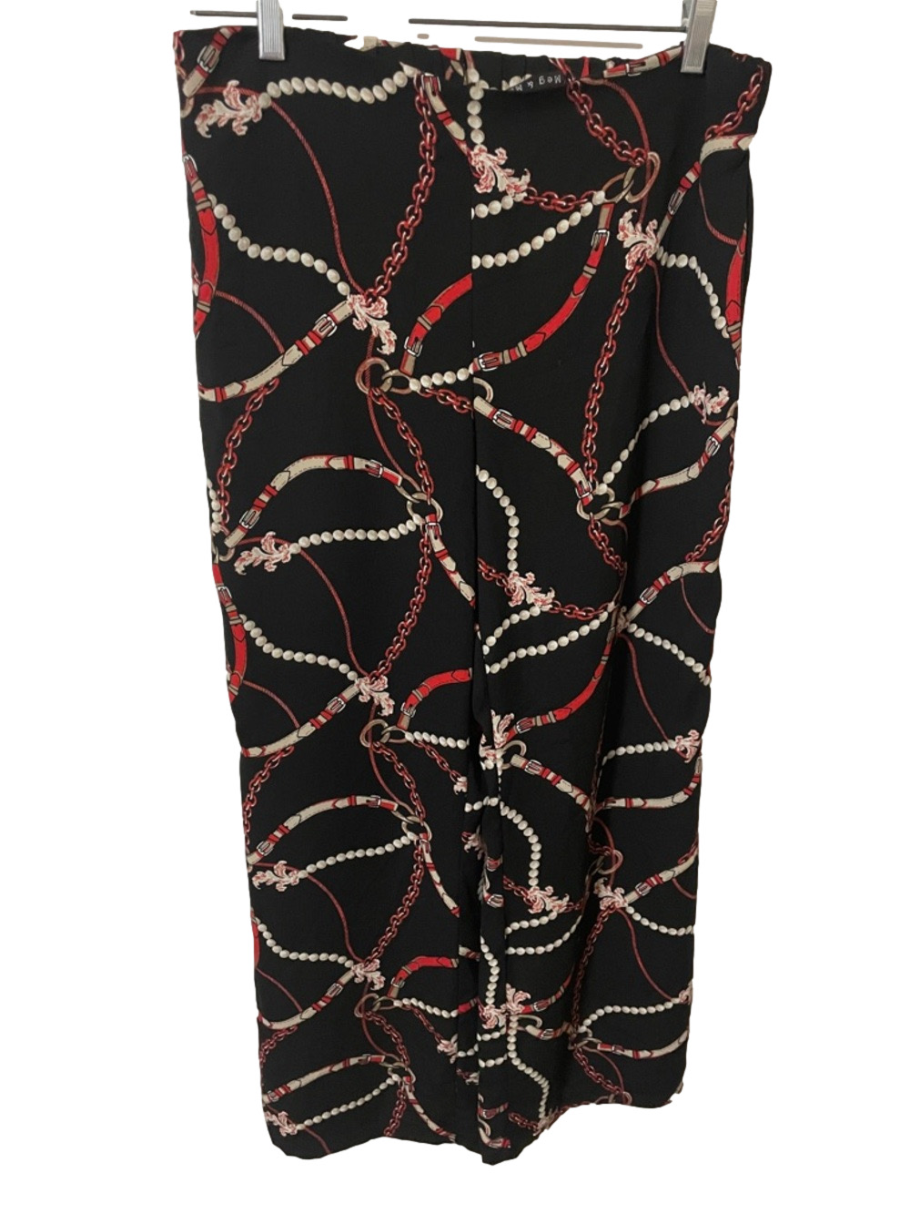 Meg & Margot Black Wide-Leg Pants with Red and Cream Chain Print Size Medium
